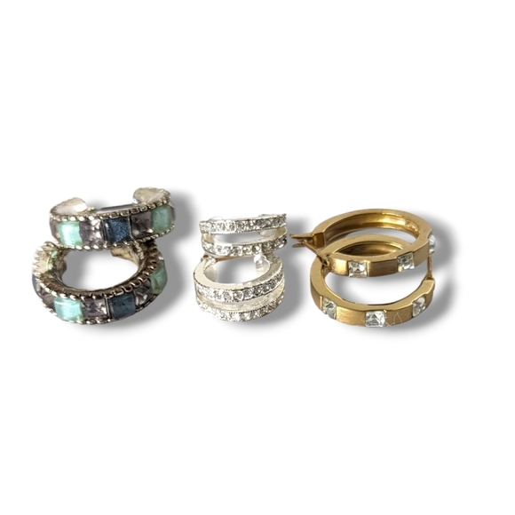 Vintage Jewelry - Vintage Rhinestone Hoop Earrings Gold, Blue & Silver Pierced Earrings Set of 3